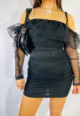 Vintage Size S Mesh Off Shoulder Mini Dress in Black