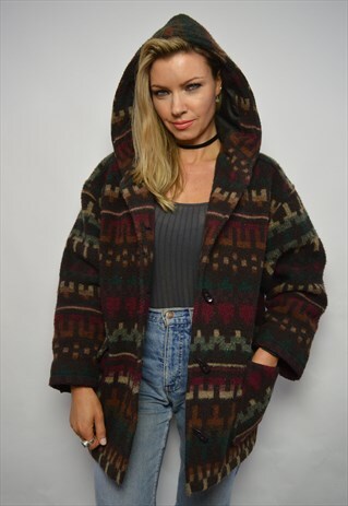 90S OVERSIZED BROWN & BURGUNDY AZTEC NAVAJO HOODED WOOL COAT