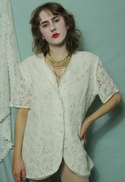 Vintage White Lace Short Sleeve Blazer Size 16