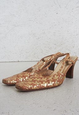 Vintage Brown Gold Leather Heel Sandals