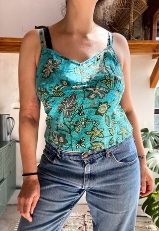 VINTAGE BLUE BOHEMIAN PATTERN STRAPPY TOP - S