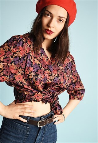 80'S RETRO PARIS CHIC FLORAL PATTERN JACKET BLOUSE TOP