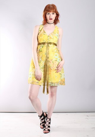 VINTAGE 60S FLORAL CHIFFON BUTTON BOW MINI DRESS