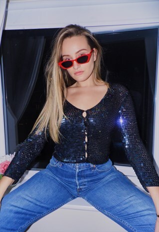 CROCHET CARDIGAN SEQUIN TOP MERMAID TONES 90S 00S Y2K RAVE