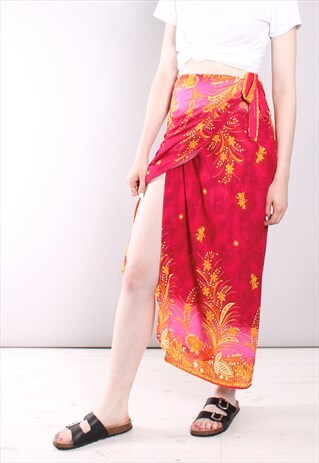 VINTAGE 80S PINK BOHO PATTERNED WRAP MIDI SKIRT