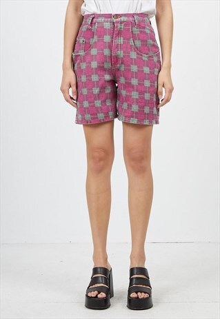VINTAGE PURPLE MADE IN THE SHADE CHECKERED DENIM MIDI SHORTS