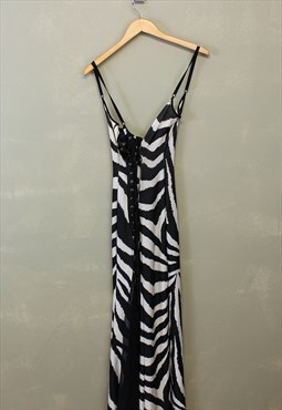 Vintage Y2K Zebra Stripe Maxi Dress Black White Lace Up