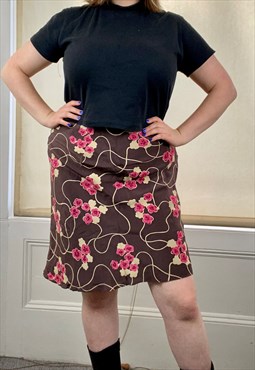 Vintage brown & pink floral midi skirt