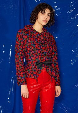 Bar printed jacket with black bows, red blue black green