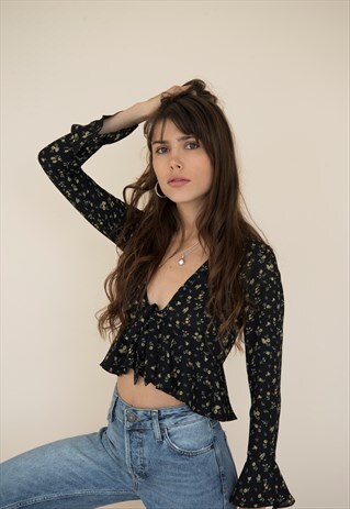 AIJA BLACK FLORAL FRILL BLOUSE