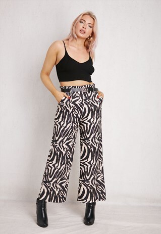 Black And Beige Zebra Print High Waist Trouser With Belt