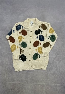 Vintage Knitted Cardigan Embroidered Leaf Patterned Knit 