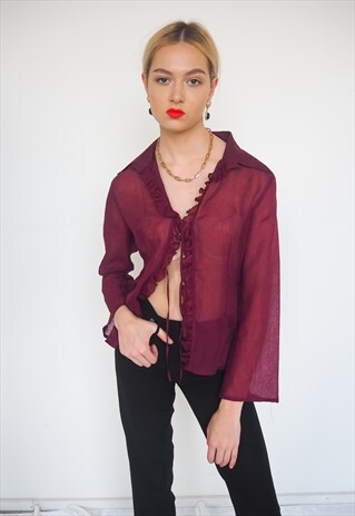 VINTAGE SEMI SHEER PURPLE RUFFLE BLOUSE