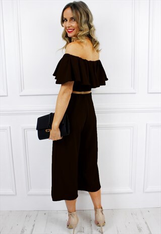 BLACK BARDOT FRILL RUFFLE CROP TOP CULOTTES PALAZZO SET
