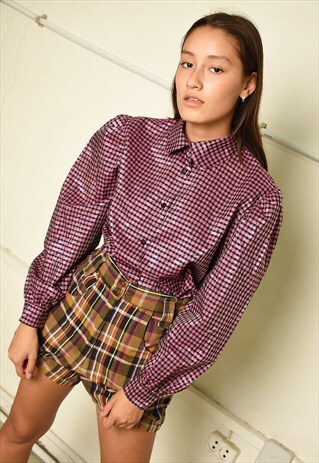 80'S RETRO CHECKED PRINT SHIMMER PARIS CHIC SHIRT TOP