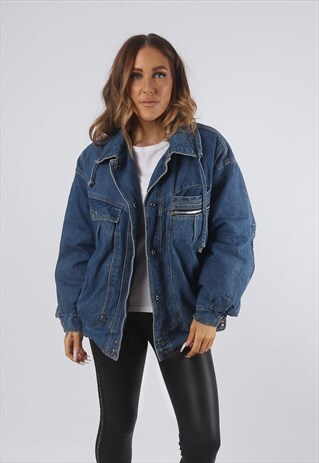 VINTAGE DENIM BOMBER JACKET OVERSIZED CHECKED UK 14 (H93K)
