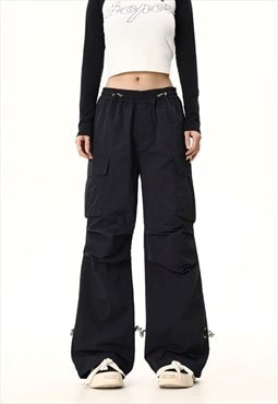 Parachute joggers cargo pocket pants rave trousers in black