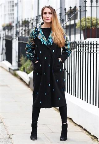BLUE PEACOCK SEQUIN LACE DECORATED BLACK TRENCH COAT