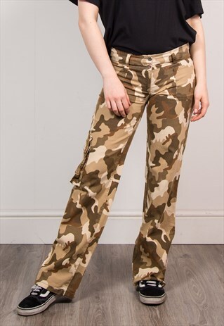 VTG 90'S Y2K BEIGE CAMO PATTERN CARGO TROUSERS