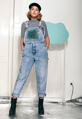 VINTAGE DENIM DUNGAREES REWORK HAND-PAINT SAD FACE JUMPSUIT