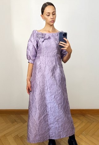 Vintage Lavender Short Sleeve Long Silky Embroidered Dress 