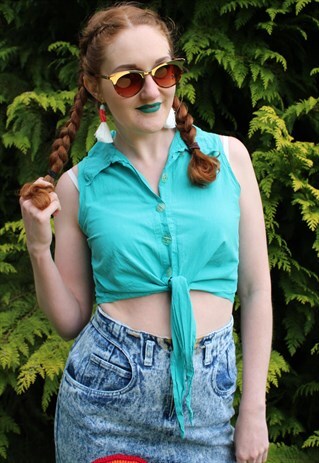 VINTAGE 80S TURQUOISE TEAL SLEEVELESS FESTIVAL CROP TOP