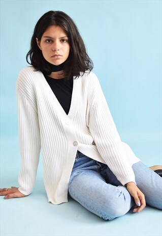 90'S RETRO NEUTRAL RIBBED KNIT CARDIGAN TOP
