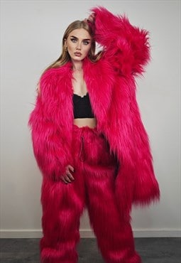 Neon pink coat longline faux fur fluorescent shaggy trench 