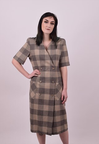 VINTAGE 80'S BEIGE & BLACK CHECK PRINT DRESS SIZE 12 TO 14