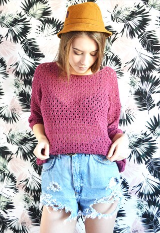 VINTAGE 80'S SEE-THROUGH KNIT MINIMALIST RASPBERRY TOP
