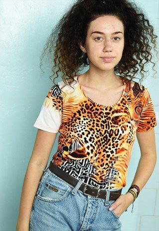 VINTAGE Y2K ANIMAL LEOPARD PRINT LYCRA FESTIVAL TOP BLOUSE