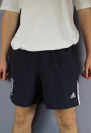 VINTAGE ADIDAS SHORTS IN NAVY WITH POCKETS, EMBROIDERED LOGO