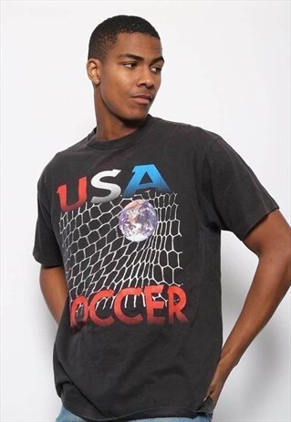 VINTAGE REEBOK PRINT LOGO USA SOCCER FOOTBALL T-SHIRT BLACK