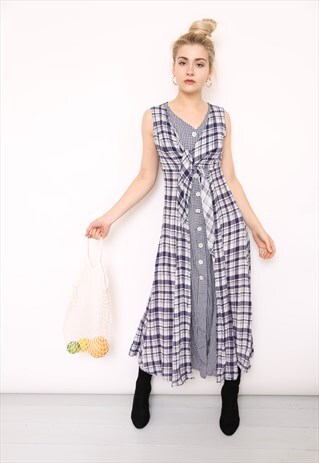 VINTAGE 90S BLUE GINGHAM CHECK BUTTON MIDI DRESS