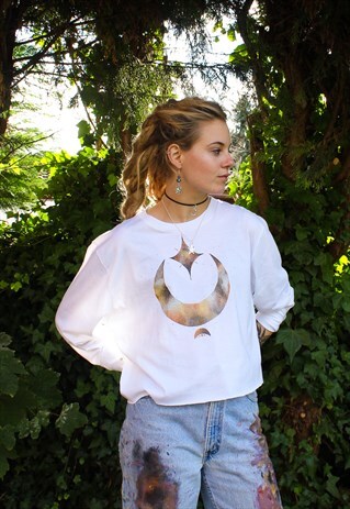HANDPAINTED CRESCENT MOON & SUN LONG SLEEVED CROP TOP