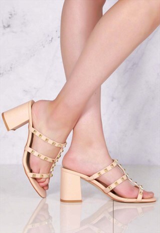SLIP ON STRAPPY STUDDED SANDAL IN NUDE