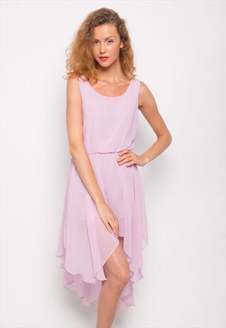 DIP HEM CHIFFON SLEEVELESS DRESS IN PURPLE