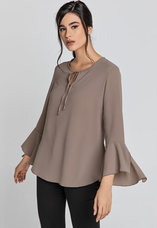IRON BROWN FLOUNCE SLEEVE TOP BY CONQUISTA