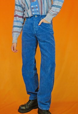 90s Vintage Corduroy Trousers Straight Fit Blue Cord Jeans