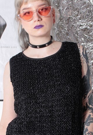 90S GRUNGE Y2K GOTH BLACK FLUFFY POPCORN WIDE PARTY TOP