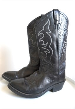 Vintage Black Genuine Leather Cowboy Western Boots Shoes