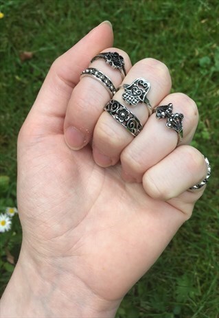 WOMENS BOHO FESTIVAL AZTEC SILVER COLOUR SET OF RINGS