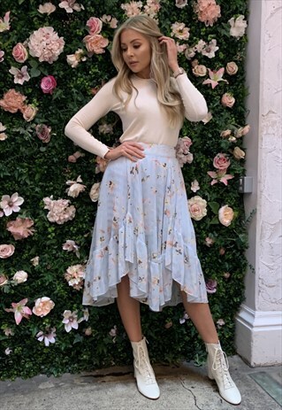 'ASTER' BLUE FLORAL HIGH WAISTED DIPPED HEM MIDI SKIRT