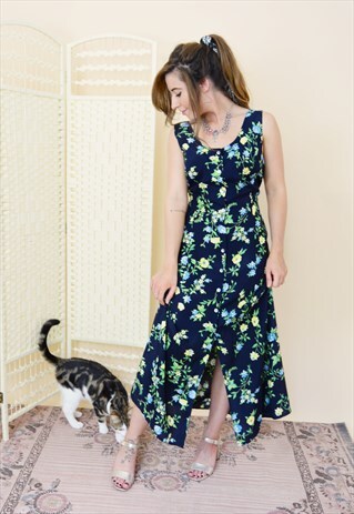90S VINTAGE BUTTON FRONT FLORAL MAXI DRESS IN BLACK