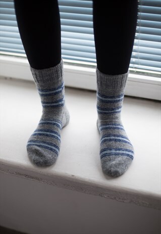 GREY STRIPED HANDMADE KNITTED WOOL SOCKS