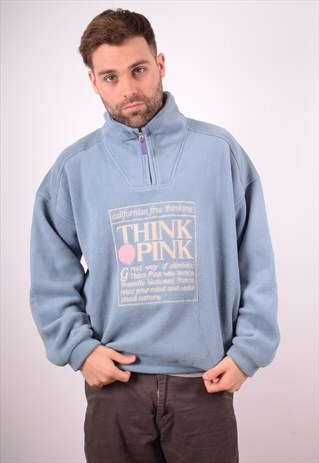 THINK PINK MENS VINTAGE FLEECE JUMPER LARGE BLUE 90S