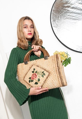 STRAW BAG 80S VINTAGE ROSE PATTERN HANDBAG