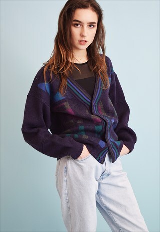80'S OVERSIZED ABSTRACT PATTERN KNIT GRANDADS CARDIGAN TOP