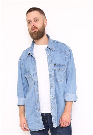 VINTAGE WRANGLER WESTERN BLUE DENIM SHIRT