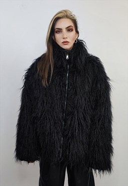 Shaggy faux fur jacket black long hair coat fluffy bomber